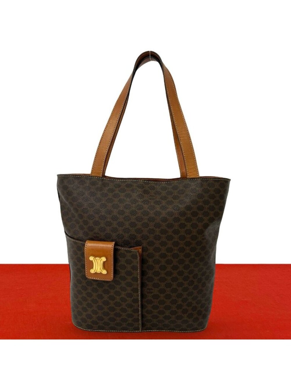 Celine Vintage Macadam Pattern Triomphe Logo Leather Tote Bag Brown